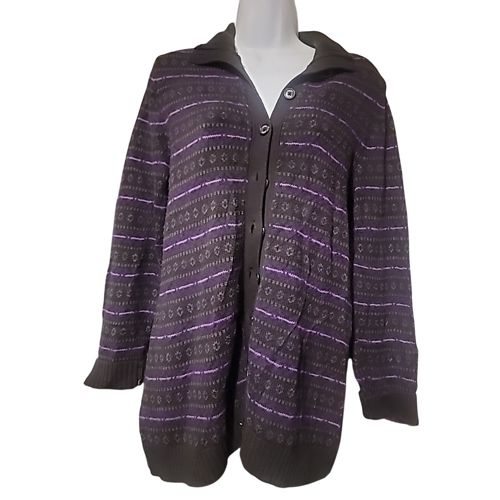 Chaps Womens Black Purple Striped‎ Cotton Cardigan Sweater Mock Neck Size S